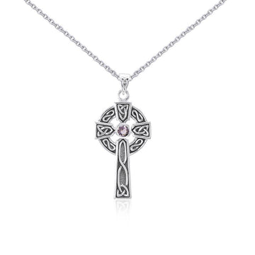 Large Silver Celtic Cross Gemstone Pendant and Chain Set TSE752 - Jewelry